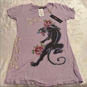 Christian Audigier Panther Rhinestone Tee Lavender Medium NWT Y2K Bling VINTAGE